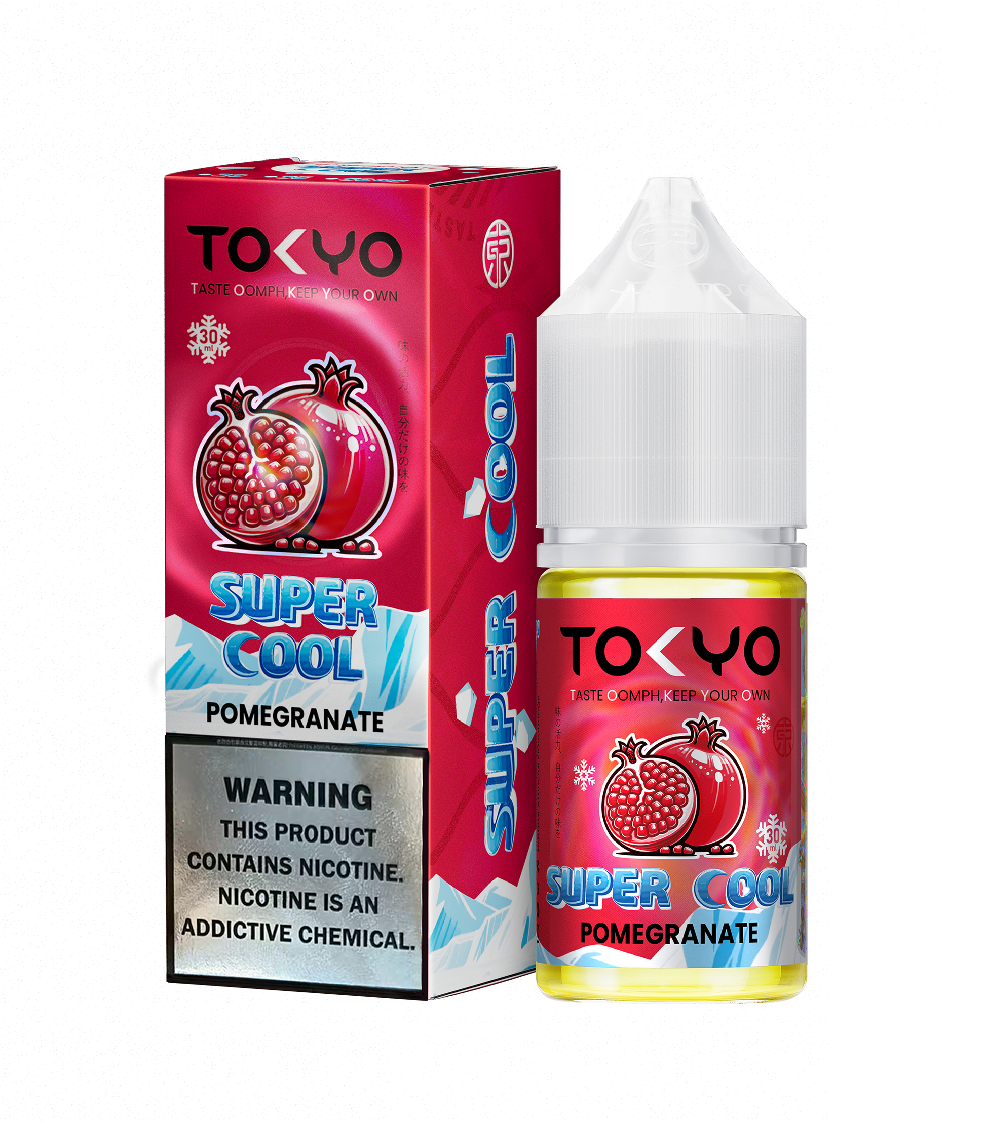 TOKYO Super Cool Pomegranate 30ml salt e-liquid bottle with label featuring pomegranate graphics and salt nicotine indication.