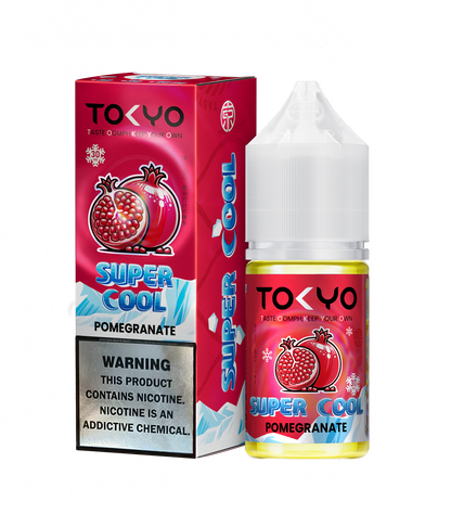 TOKYO Super Cool Pomegranate 30ml Salt E-Liquid bottle from TOKYO E-JUICE with vibrant label and 50mg nicotine strength.