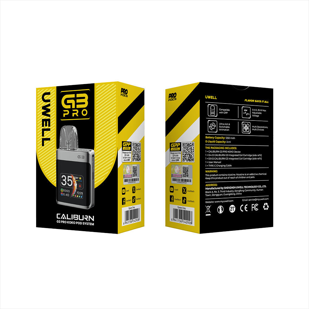 UWELL CALIBURN G3 PRO KOKO pod system in midnight black, compact vape device from the UWELL CALIBURN series.