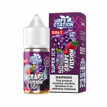 VAPE STATION Grape Fusion Salt E-Liquid 30ml bottle with purple grape flavor for vaping, 30mg nicotine salt e-juice.