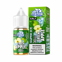 Vape Station Green Apple Salt E-Liquid 30ml bottle with green apple flavor for vaping, 30mg nicotine salt e-liquid