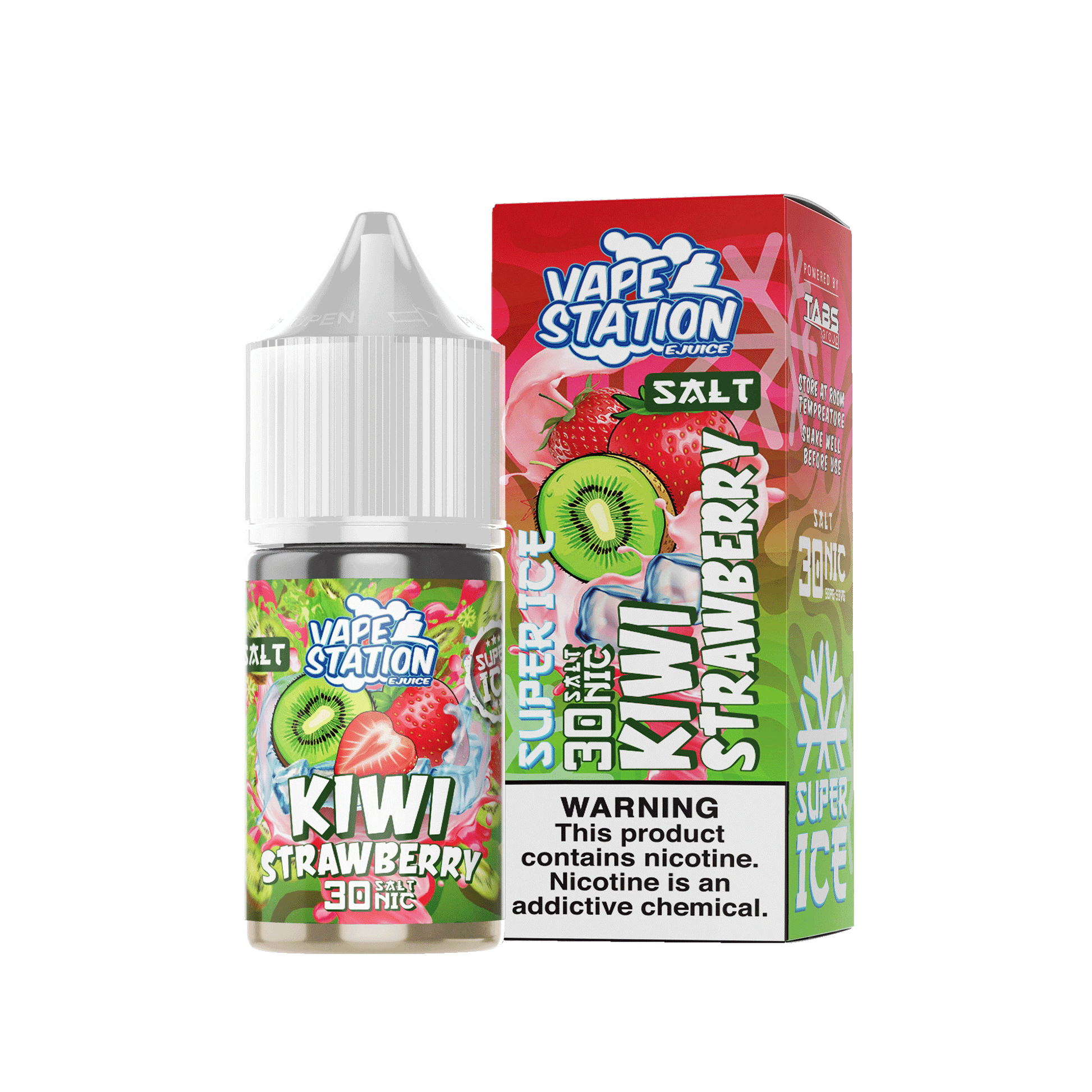 Vape Station Kiwi Strawberry Salt E-Liquid bottle with 30ml capacity and 30mg nicotine strength.