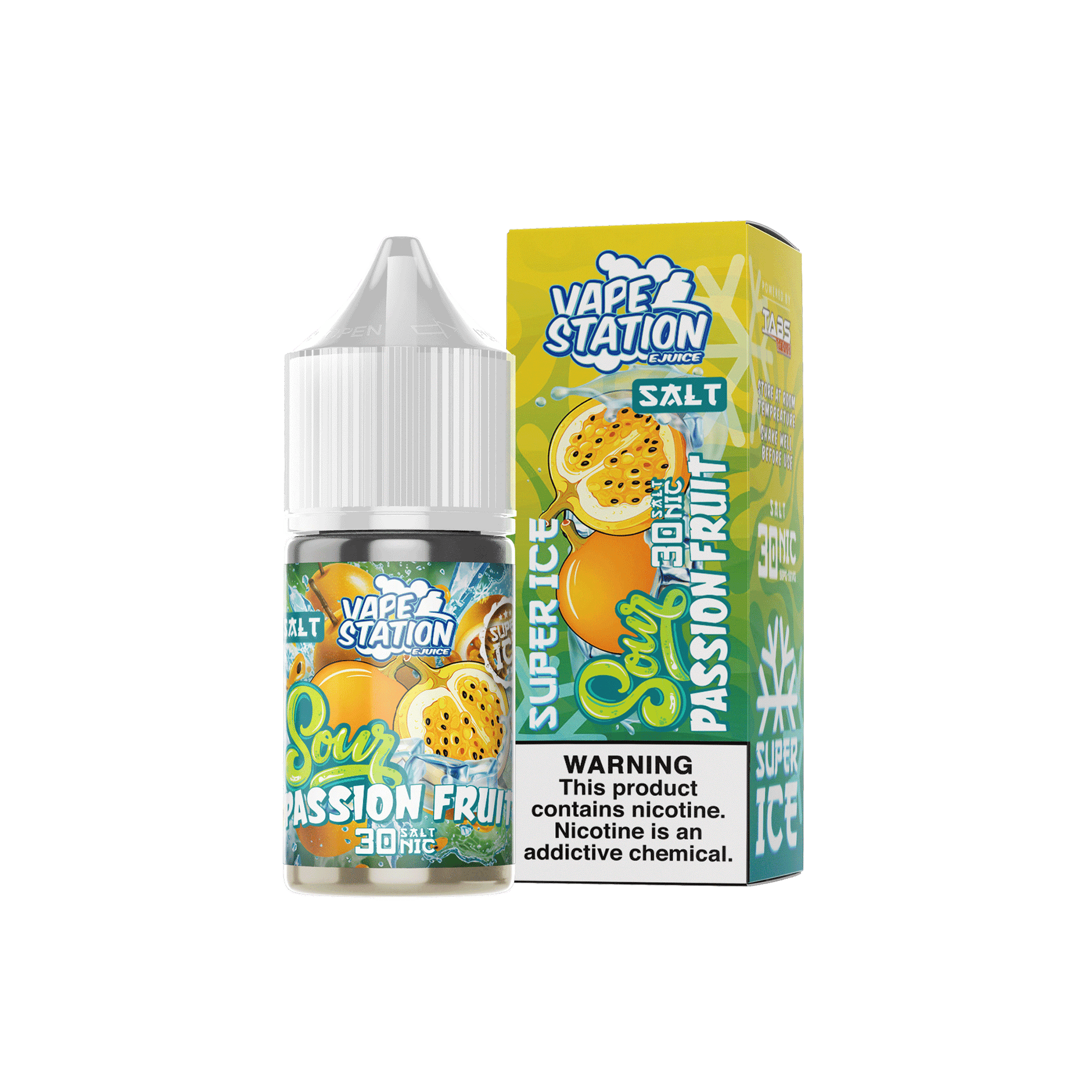 Vape Station Sour Passion Fruit Salt E-Liquid 30ml 30mg nicotine shot bottle with passion fruit flavor.