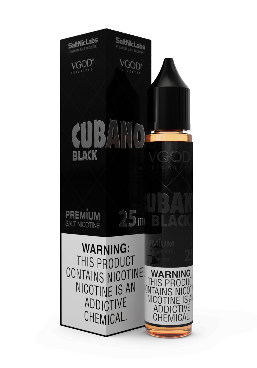 VGOD Cubano Black 30ml salt e-liquid bottle with black label and dropper cap, designed for vaping.