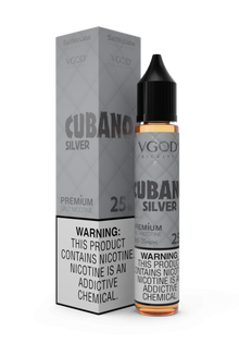 VGOD Cubano Silver 30ml salt e-liquid bottle with silver branding and clear label, designed for vape devices.