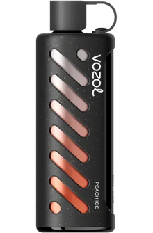 VOZOL GEAR SHISHA Peach Ice disposable vape with 25K puffs, 5mg nicotine, featuring peach and cooling ice flavor.