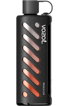 VOZOL GEAR SHISHA Peach Ice disposable vape with 25K puffs, 5mg nicotine, featuring peach and cooling ice flavor.