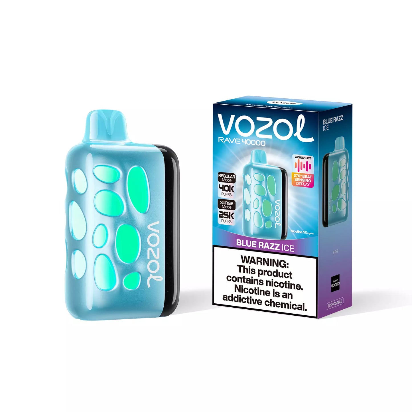 VOZOL RAVE 40K disposable vape in Blue Razz Ice flavor, showing the sleek blue design and packaging for the VOZOL RAVE 40K brand.