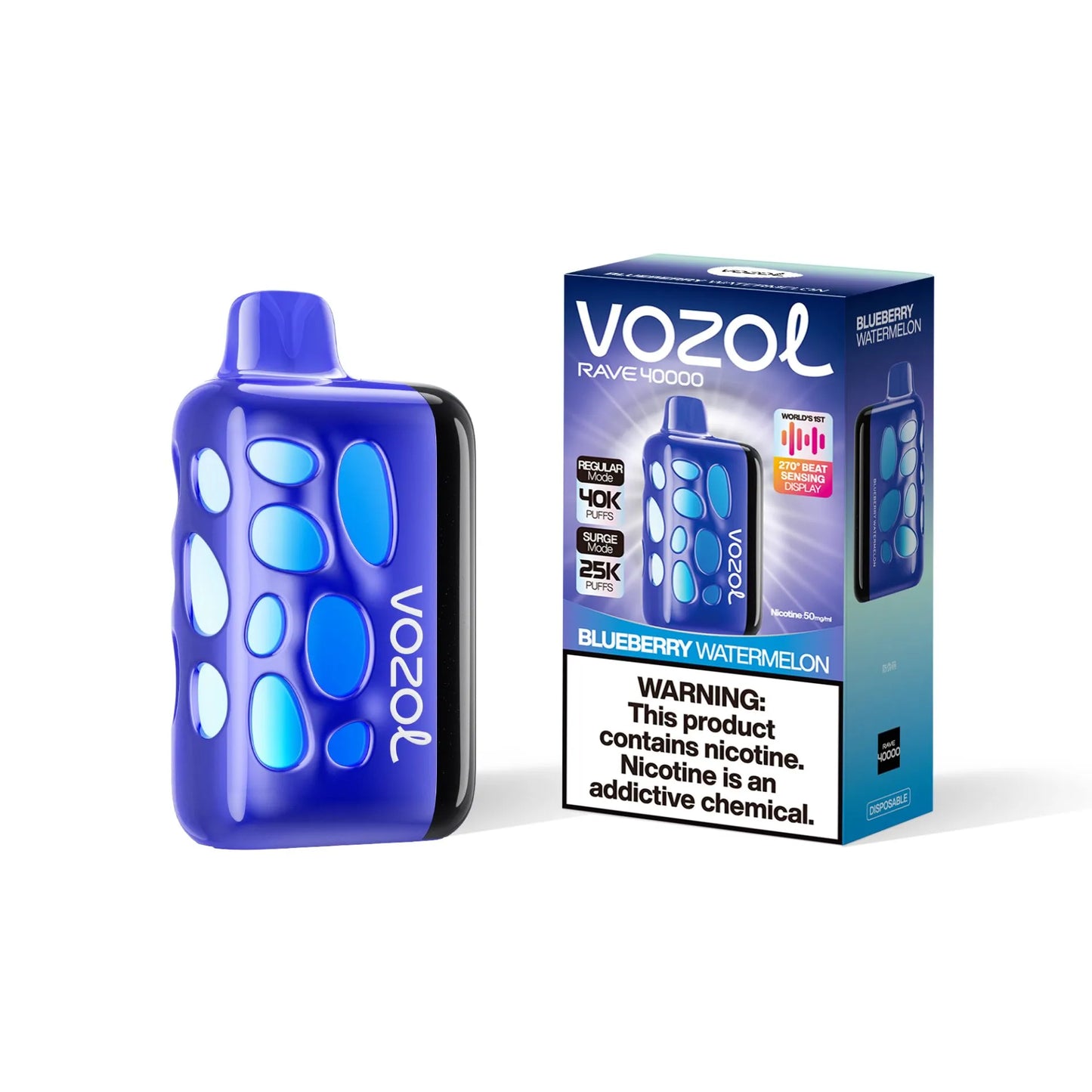 VOZOL RAVE 40K disposable vape in Blueberry Watermelon flavor, 50mg salt nicotine, showing the colorful device and flavor label