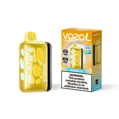 VOZOL RAVE 40K Mango Ice Disposable Vape with 40,000 puffs, 50mg salt nicotine, featuring mango and menthol flavor.