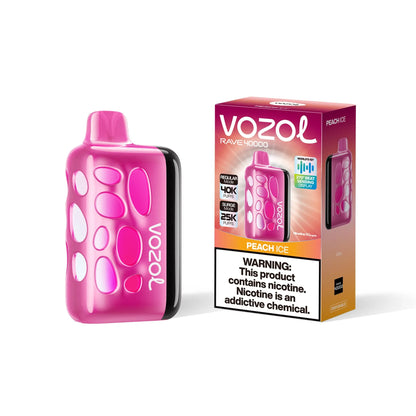 VOZOL RAVE 40K Peach Ice disposable vape with 40,000 puffs and 50mg salt nicotine, featuring a peach and cool ice flavor.