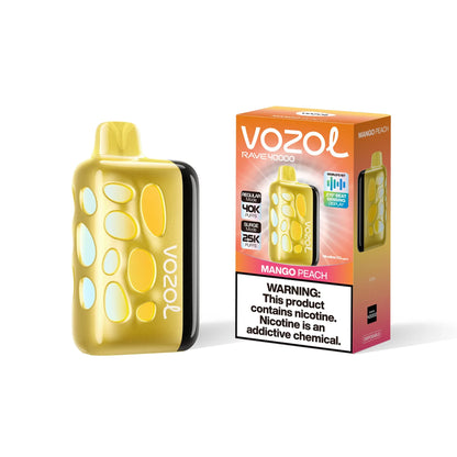 VOZOL RAVE 40K Peach Mango disposable vape with colorful packaging, 50mg salt nicotine, and a sleek cylindrical design.