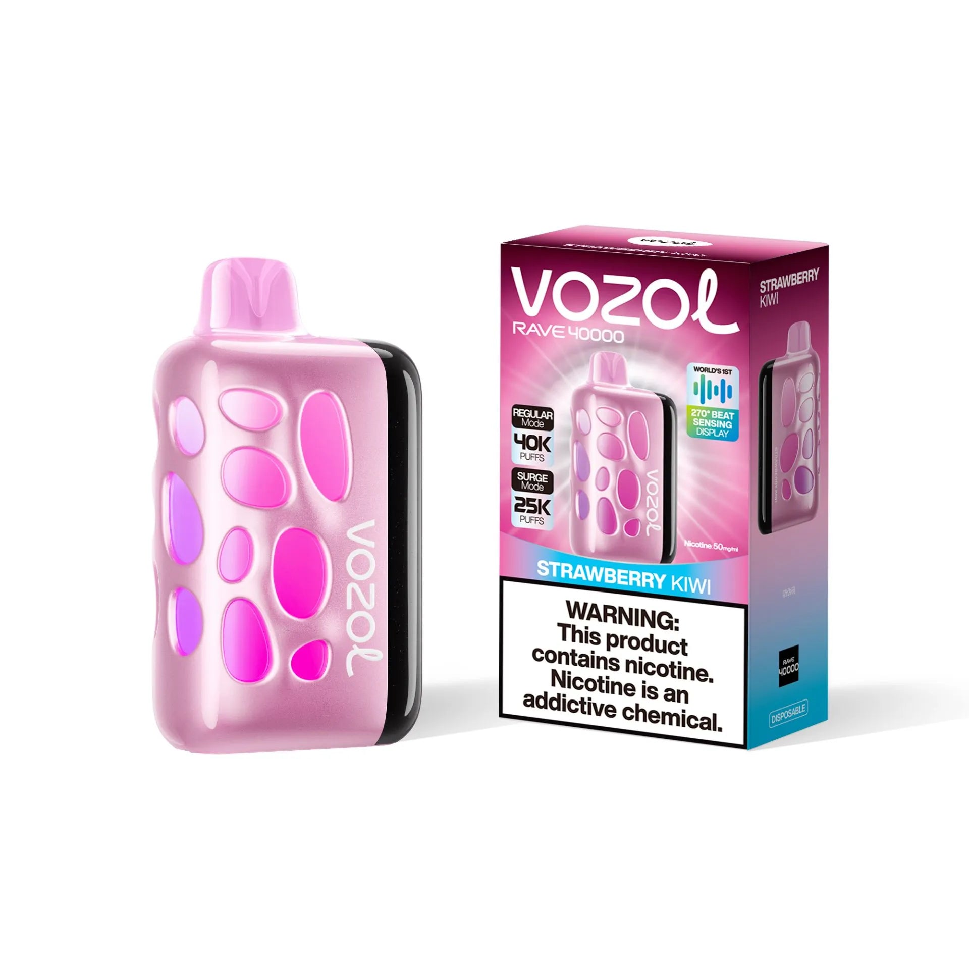 VOZOL RAVE 40K disposable vape with Strawberry Kiwi flavor, 50mg salt nicotine, and up to 40,000 puffs.