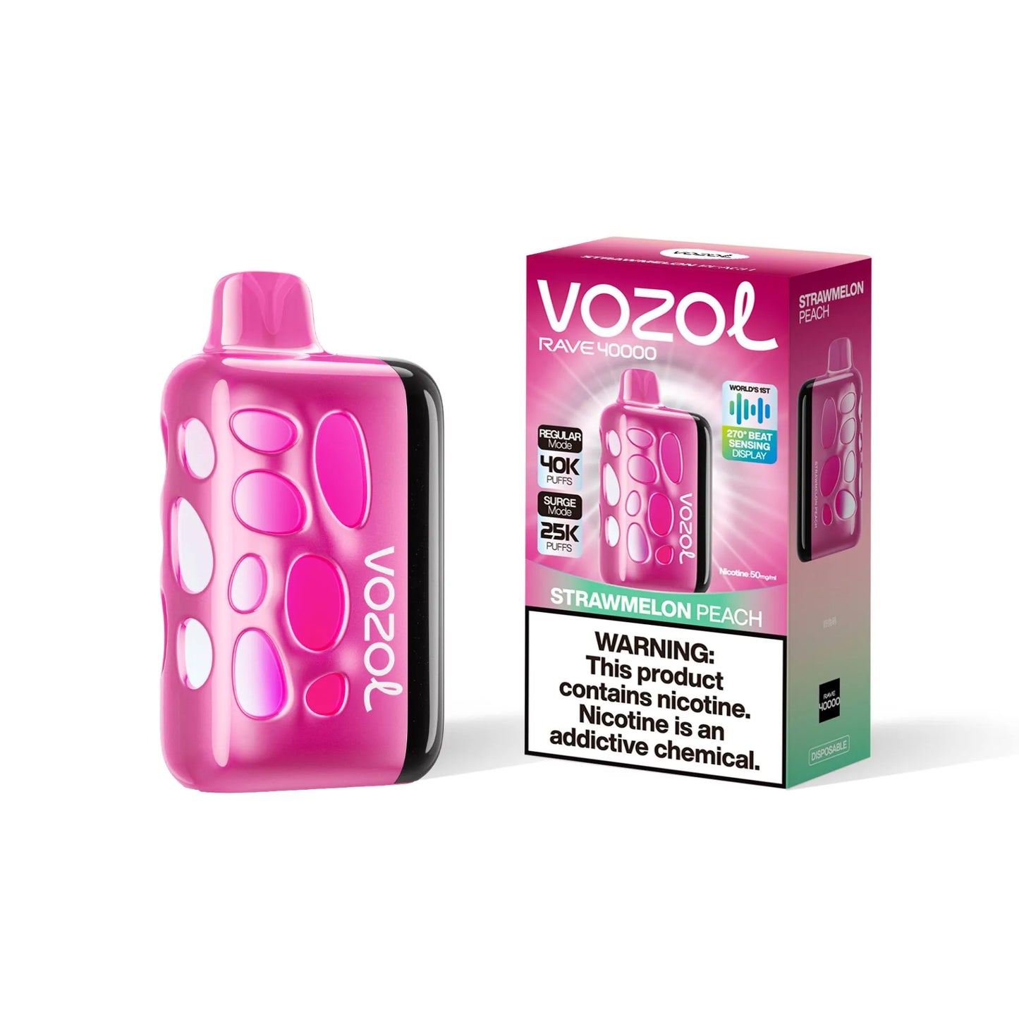 VOZOL RAVE 40K disposable vape with Strawmelon Peach flavor, 40000 puffs, 50mg salt nicotine, compact and portable design.