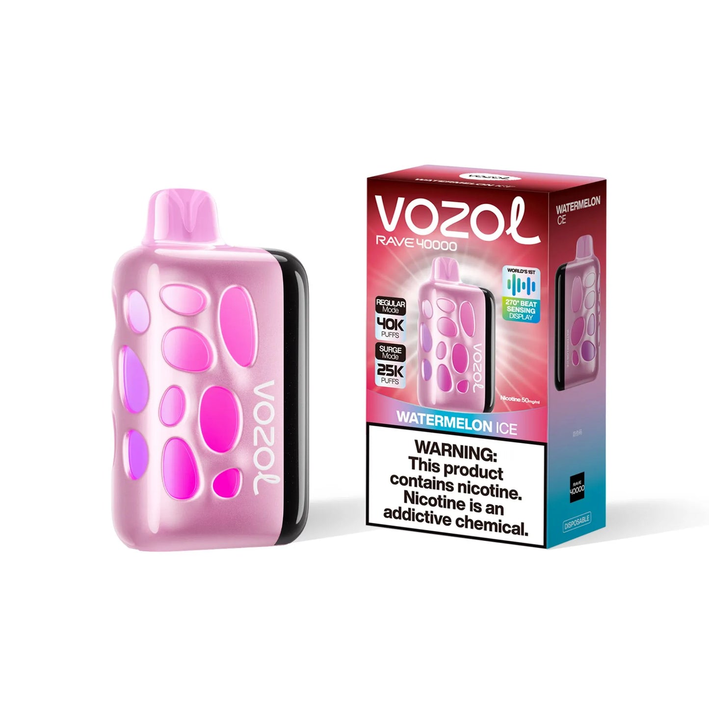 VOZOL RAVE 40K disposable vape with Watermelon Ice flavor, featuring 40,000 puffs and 50mg salt nicotine.