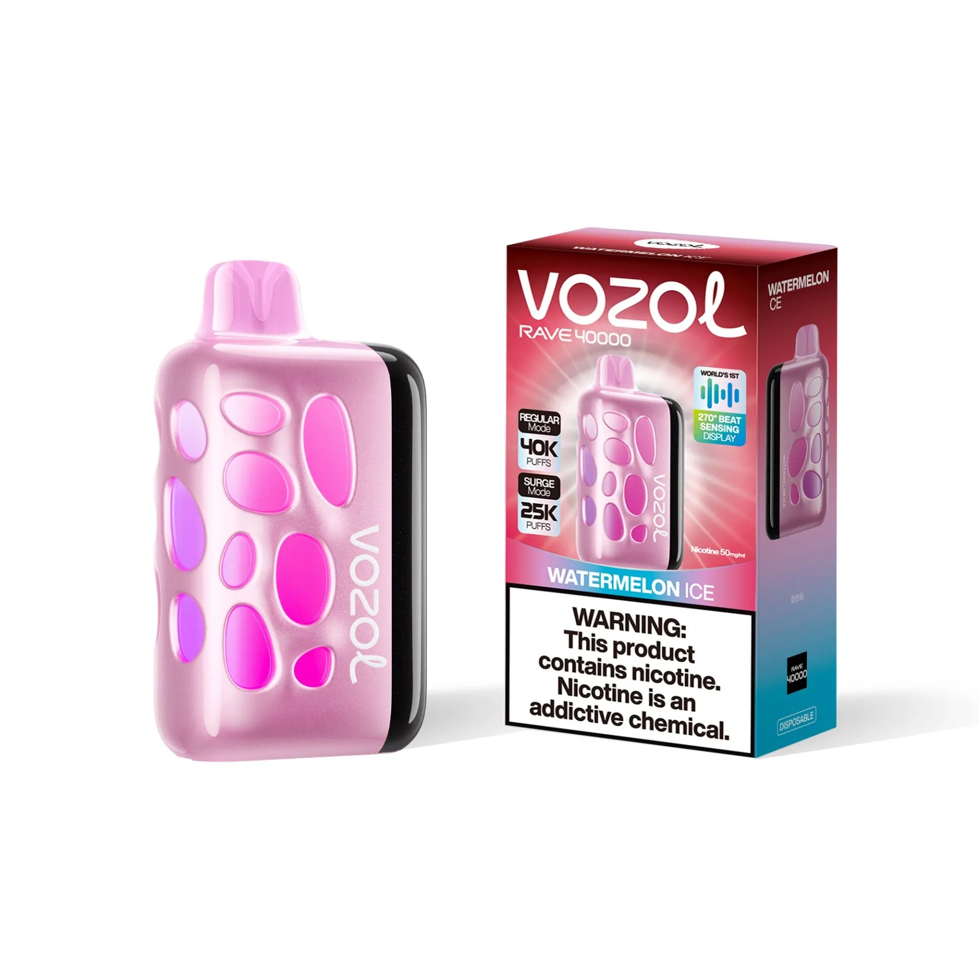 VOZOL RAVE 40K disposable vape with Watermelon Ice flavor, featuring 40,000 puffs and 50mg salt nicotine.