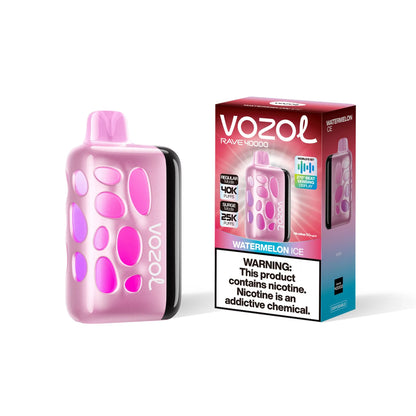 VOZOL RAVE 40K disposable vape with Watermelon Ice flavor, featuring 40,000 puffs and 50mg salt nicotine.