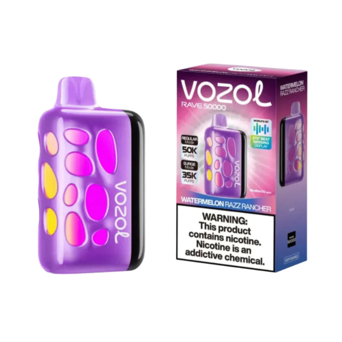 VOZOL RAVE 40K disposable vape with Watermelon Razz Rancher flavor, featuring vibrant packaging and a sleek design.