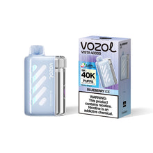 VOZOL Vista 40K Puffs disposable vape in Blueberry Ice flavor from VOZOL VISTA SERIES, featuring a blue and white design.