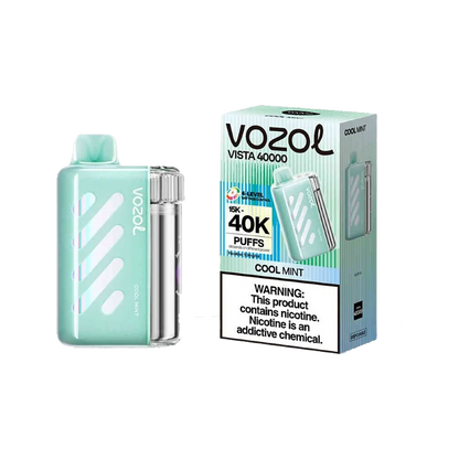 VOZOL Vista 40K Puffs disposable vape in Cool Mint, part of VOZOL VISTA SERIES, showing the sleek device with mint flavor packaging.