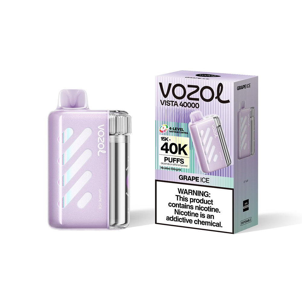 VOZOL Vista Series disposable vape with Grape Ice flavor, 40,000 puffs, 50mg salt nicotine, in a sleek design.