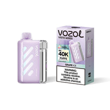 VOZOL Vista Series disposable vape with Grape Ice flavor, 40,000 puffs, 50mg salt nicotine, in a sleek design.