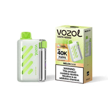 VOZOL Vista 40K Puffs disposable vape in Melon Gum flavor, part of VOZOL VISTA SERIES, with colorful packaging and vape device.