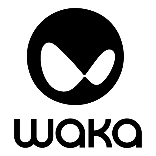 Black logo with stylized eyes and the word 'WAKA' on a white background