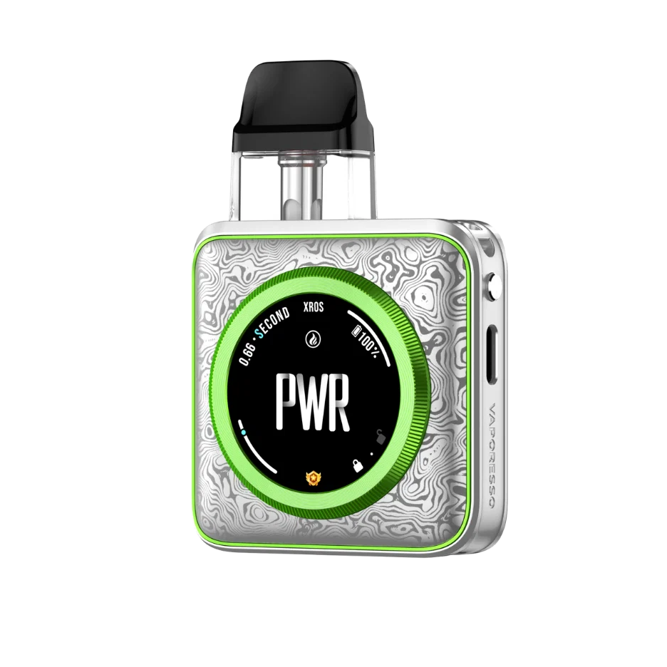 VAPORESSO XROS 5 NANO pod system in Damascus Silver with free lanyard, featuring sleek compact design and button activation.