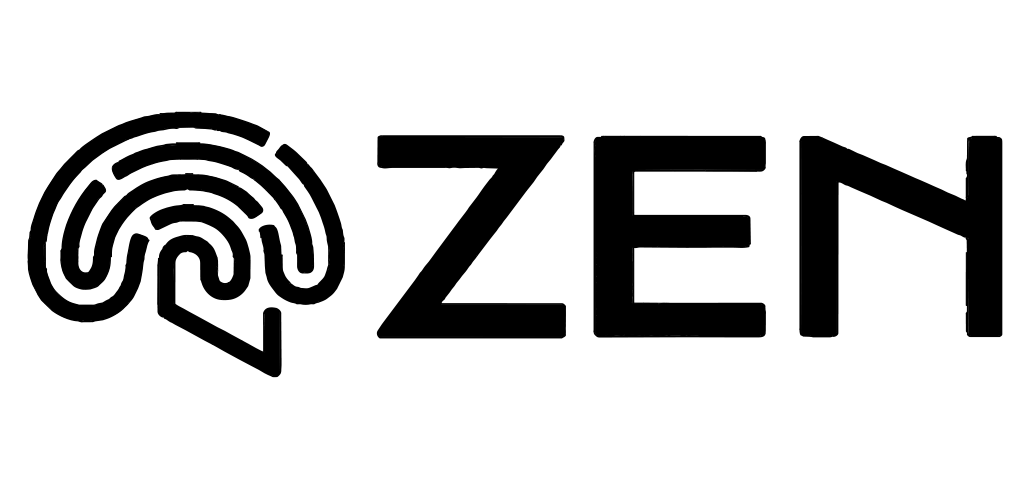 Logo with a stylized maze design and the word 'ZEN' on a white background